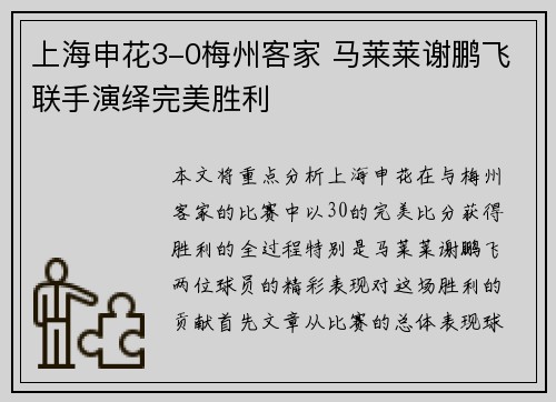 上海申花3-0梅州客家 马莱莱谢鹏飞联手演绎完美胜利